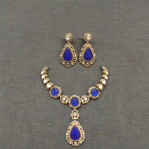 Designer Polki Necklace Set with Earrings Matt Gold Plated Brass Bridal Jewelry for <b>Wedding</b> & Parties for Engagement Celebration - Product Image 1