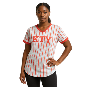 DST White Pinstripe Pullover Jersey de béisbol 100% Poliéster Malla Delta Sorority V Cuello Camiseta Bordado Apliques Letras - Product Image 1