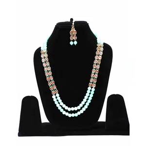 Ensemble de collier long plaqué or 24 carats Kundan vert clair avec zircon pour mariage, ensemble de bijoux fins pour mariée - Product Image 3