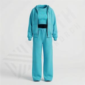 Ensemble de survêtement décontracté en molleton épais avec broderie et effet vieilli, comprenant un sweat à capuche zippé et un pantalon de jogging, style uni - Product Image 1
