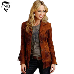 Chaqueta de invierno de cuero genuino de vaquera occidental para mujer de estilo 2025, cierre de botón transpirable, flecos a rayas, ODM, OEM disponible - Product Image 1