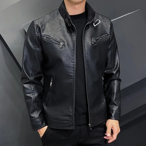 Automne nouvelle mode hommes haute qualité peau de mouton en cuir moto veste à la mode toile tissu jeune cavalier manteau - Product Image 5