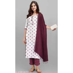 Kurta Blanco estampado de algodón Khadi para mujer con pantalón granate a rayas y conjunto de Dupatta granate Ropa étnica elegante al mejor precio - Product Image 1