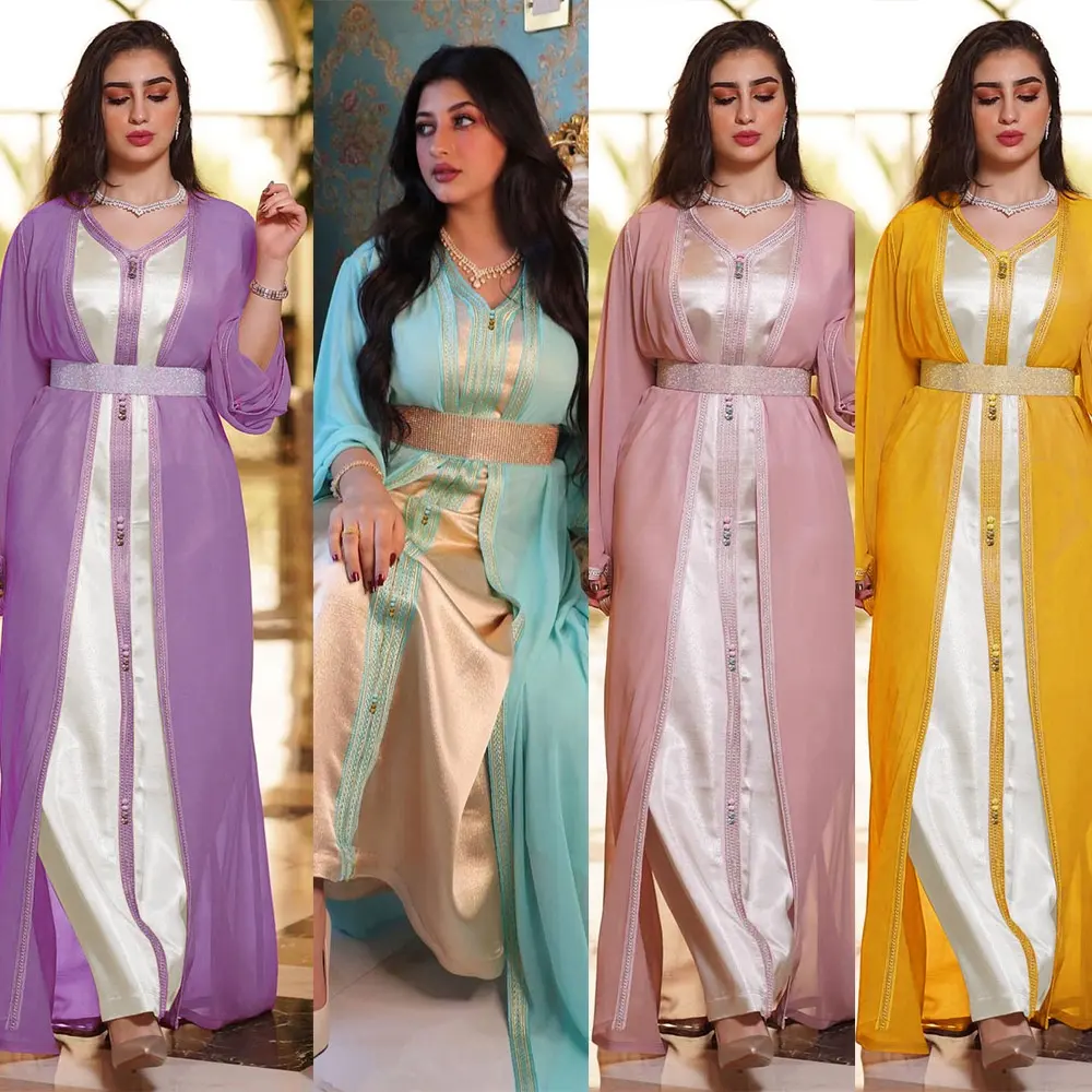 F356# Wholesale Luxury Caftan Arab Dubai Fashion Jalabiya For Sale Online 2-piece Set Muslim Women Long Dress with Belt
