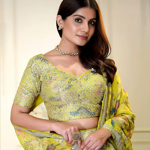 Lehenga Choli de Organza Amarillo con Bordado Floral de Lentejuelas y Zari, Blusa y Dupatta a Juego, Estilo Bollywood para Fiestas y Festividades - Product Image 1