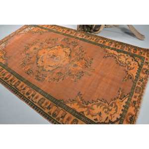 พรมตุรกีโบราณขนาด5.2x9ฟุตผ้าวูลสีเขียวส้มสานเรียบมีลวดลายปะติดสำหรับตกแต่งห้องนั่งเล่นหรือใช้ในห้องโถง - Product Image 4