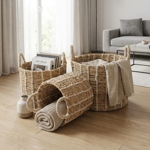 Ensemble de paniers de rangement en herbe naturelle Mendong, avec pot cylindrique vertical à poignée arquée et rayures blanches, pour une décoration artistique pure de la pièce - Product Image 4