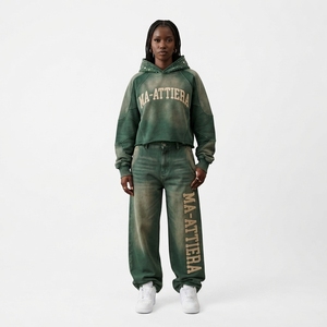 Conjunto de Sudadera con Capucha y Pantalones Jogger de Forro Polar Verde para Mujer Ma-Attiera, Estilo Urbano, Holgado, con Estampado de Letras Teñidas, Dos Piezas - Product Image 1