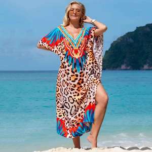 Women Leopard Print Kaftan Maxi <b>Dress</b> V Neck Loose Fit <b>Beach</b> Cover Up <b>Summer</b> Resort Wear Long Kaftan - Product Image 1