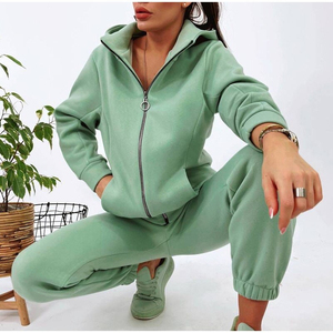 Ensemble deux pièces survêtement pour femmes veste à fermeture éclair haut et pantalon à jambes larges jogging assis - Product Image 3