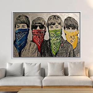 Arte de grafiti de Banksy Beatles: obra de arte impresa en lienzo con diseño vibrante, lienzo enmarcado en blanco - Product Image 1