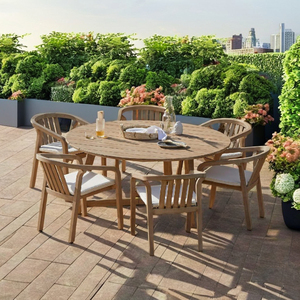 Mesa de comedor de jardín redonda de madera de 6 plazas con 6 sillas - Product Image 1
