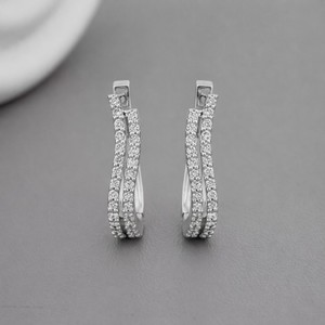 IGI Certified Lab Grown Diamond Double Row <b>Hoop</b> <b>Earrings</b> <b>Solid</b> 925 Sterling <b>Silver</b> Curved Pave Diamond <b>Hoops</b> - Product Image 2