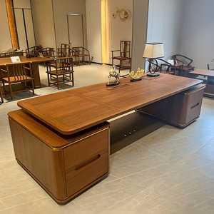 Walnut Veneer Solid Wood Rectangular Executive <b>Desk</b> <b>with</b> Dual Side Cabinets Leather Accents 1-Year Warranty - Product Image 1