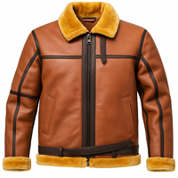 Blouson aviateur en cuir véritable et laine de mouton marron pour homme, coupe-vent, zippé, streetwear d'hiver, avec logo frontal