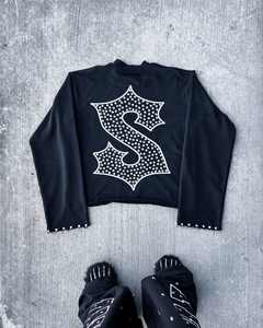 OEM T-shirt décontracté à manches longues pour homme avec strass vieilli multicolore design vintage coupe surdimensionnée impression DTG style lavé - Product Image 2