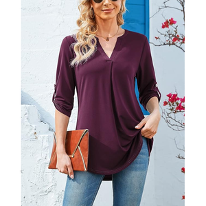 เสื้อเบลาส์เข้ารูปคอวีแขนยาวสำหรับผู้หญิง, เสื้อจับจีบด้านหน้าแขนยาวสไตล์เกาหลี - Product Image 2