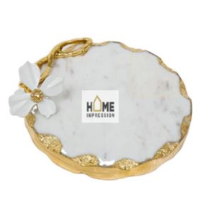 Sous-verre de luxe en marbre blanc et or, avec fleurs et bords dorés faits à la main - Product Image 1