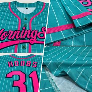 Custom Aqua White Pinstripe Pink-Navy Camiseta de béisbol auténtica - Product Image 5