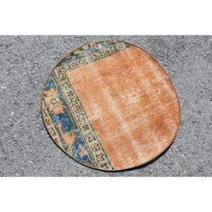 พรมตุรกีขนาด 2.2x2.3 ฟุต สีน้ำตาล-น้ำเงินลายจุด ทำจากขนสัตว์ วินเทจ - Product Image 2