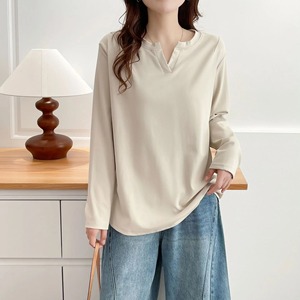 Camiseta de Moda Otoñal para Mujer, Talla Grande, Cuello en V, Manga Larga, Básica, Transpirable, de Jersey, Holgada, Color Sólido - Product Image 5