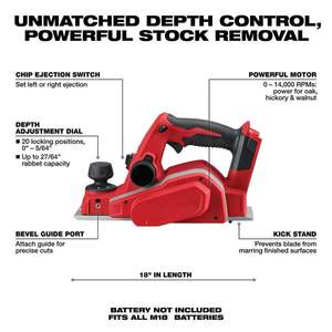 Cepilladora Eléctrica Portátil de 18V con Guía de Borde Inclinado de 3-1/4 Pulgadas, hasta 14,000 RPM, Herramienta sin Accesorios, para Proyectos de Bricolaje - Product Image 5