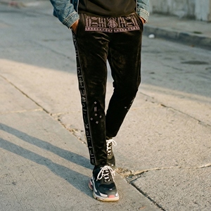 Luxury Y2K Men Midweight Velour Eco-Friendly Drawstring Sweatpants Hotfix Rhinestone Graphic Side Stripe <b>Stacked</b> <b>Joggers</b> Winter - Product Image 2