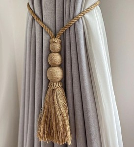 Jute Curtain Tieback, Curtain <b>Tie</b> <b>Back</b> for Draperies, Curtain Holder, Window Curtain Holder, Triple Sphere Jute <b>Tie</b> <b>Back</b> - Product Image 1