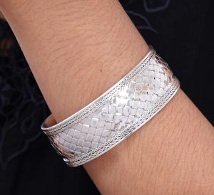 Pandan Weaving Design Elegant <b>Fashion</b> Hand-Crafted Sterling Silver <b>Cuff</b> <b>Bracelet</b> Chain Link Bangles Christian Inspired Gift Idea - Product Image 4