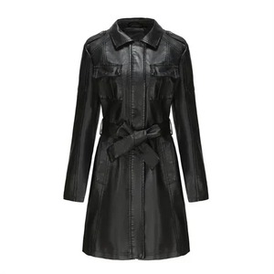 Chaqueta de cuero larga negra para mujer, chaqueta cortavientos de PU de manga larga para primavera y otoño, gabardina de cuero para mujer - Product Image 5