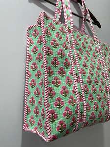 Handmade Cotton Eco-Friendly Everyday Tote <b>Bag</b> Green for Pink Block Print <b>Quilted</b> Travel Shopper Zipper Closure Fashion Style - Product Image 3