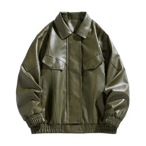 Veste d'hiver de style urbain en similicuir respirant écologique pour hommes, poches à col rabattu, fermeture éclair à ourlet élastique - Product Image 1