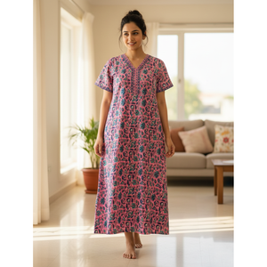 Vestido de Dormir 100% Algodón con Estampado Jaal Hecho a Mano, Camisón Suave Tejido con Diseño Floral y Cierre de Botones, Talla 3XL para Damas de Honor - Product Image 1