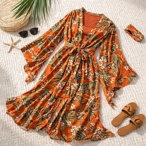 Elegante Kaftán Largo Estilo Envolvente, Transpirable, con Estampado de Leopardo y Adornos de Pedrería, Traje de Baño Deportivo - Product Image 1