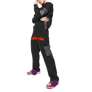 Conjunto Deportivo Informal Personalizado de Felpa Negra con Pedrería para Hombre, Sudadera con Capucha Holgada con Cierre y Pantalones Deportivos Holgados, 100% Algodón, Invierno - Product Image 1