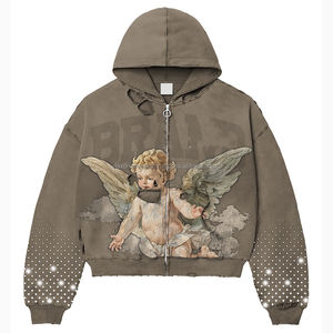 Custom Unisex Oversized Boxy Zip Hoodies <b>Jacket</b> with Distressed Zip up Hoodie Manufacturers Designer Acid Wash <b>Rhinestone</b> Hoodie - Product Image 2