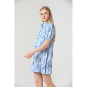 Vestido Midi TOPSHOW Azul con Cuello Camisero y Botones para Mujer - Elegante Vestido a Cuadros Gofre con Botones en Toda la Longitud - Product Image 5