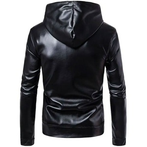 Chaqueta de cuero PU de Color negro de alta calidad para hombre, Color sólido de invierno con capucha, chaqueta de moda personalizada de buena calidad para hombre - Product Image 2