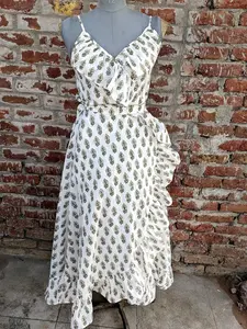 Vestido maxi de algodón indio con estampado de bloques a mano, vestido transpirable con técnica de tejido teñido anudado en cintura natural - Product Image 2