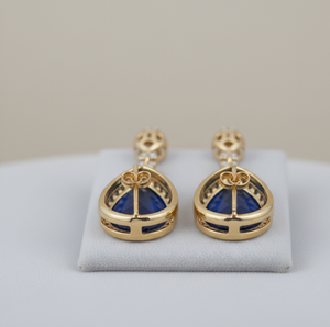 Boucles d'oreilles pendantes de luxe en argent sterling 925 plaqué or 18 carats avec pierres en forme de poire bleues hydro CZ, pour les fêtes, cadeau pour elle - Product Image 5