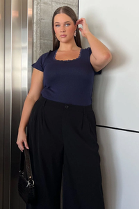 T-shirt manches courtes encolure dégagée avec bordure en dentelle pour femmes, bleu grande taille, personnalisable, OEM, ODM, Bangladesh, Nouvelle Collection - Product Image 5