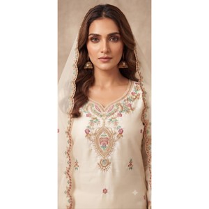 Women <b>White</b> Embroidered Chiffon Gajji Kurta <b>Palazzo</b> with Dupatta Set-WSKP304 - Product Image 2
