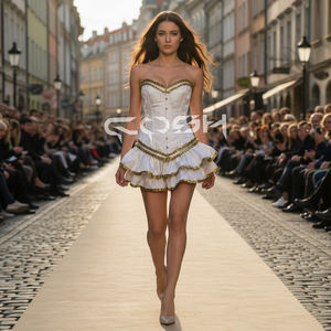 Corset victorien blanc en brocart avec baleines en acier et bordure en ruban doré à volants - Product Image 5