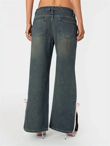 Pantalones vaqueros cómodos de pierna ancha de cintura alta con cordones, ropa de calle de Color sólido, pantalones vaqueros tejidos de algodón 100% para mujer - Product Image 5