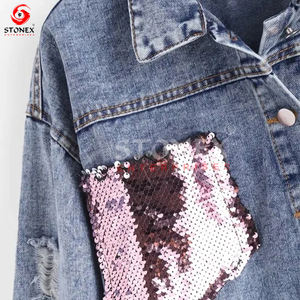Azul rasgado desgastado otoño moda Casual abrigos cortos otoño señoras recortadas algodón lentejuelas Denim Jean chaquetas personalizadas mujeres - Product Image 4