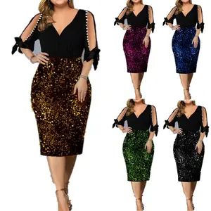 Vestido midi plus size personalizado, vestido feminino decote em v com lantejoula