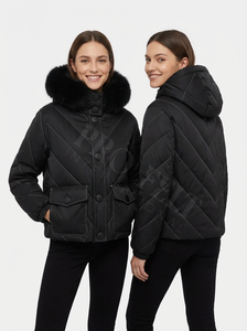 Chaqueta de Invierno con Capucha Cómoda, Ribete de Piel Sintética, Cálida, Acolchada, Cierre de Botones, Bolsillos Delanteros, Chaqueta Corta Informal Ligera - Product Image 2