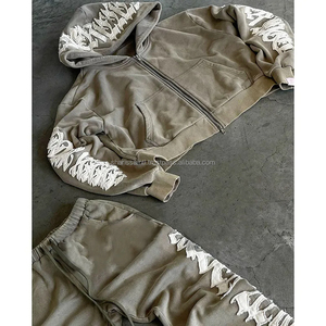 Custom Hoodie and Sewatpants Set Jogger <b>Sweatsuit</b> Distressed Embroidery Applique Patch Acid Washed <b>Women</b> Men Tracksuit - Product Image 2