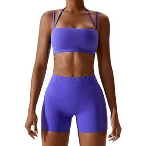 Conjunto de Top y pantalones cortos de Yoga para mujer de secado rápido para uso en gimnasio de verano Conjunto de entrenamiento de Top y pantalones cortos de Yoga para mujer - Product Image 1