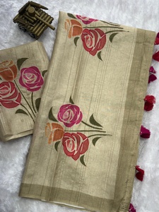 Ropa de boda exclusiva última tendencia nueva llegada Lino algodón estampado a mano Sari compras en línea India - Product Image 4